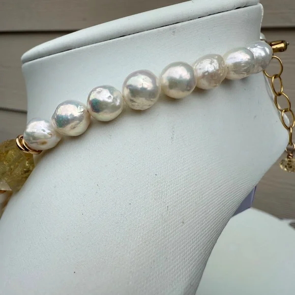 Citrine Pearl Necklace. Handmade  Baroque Freshwater Pearl Necklace. - Picture 6 of 8